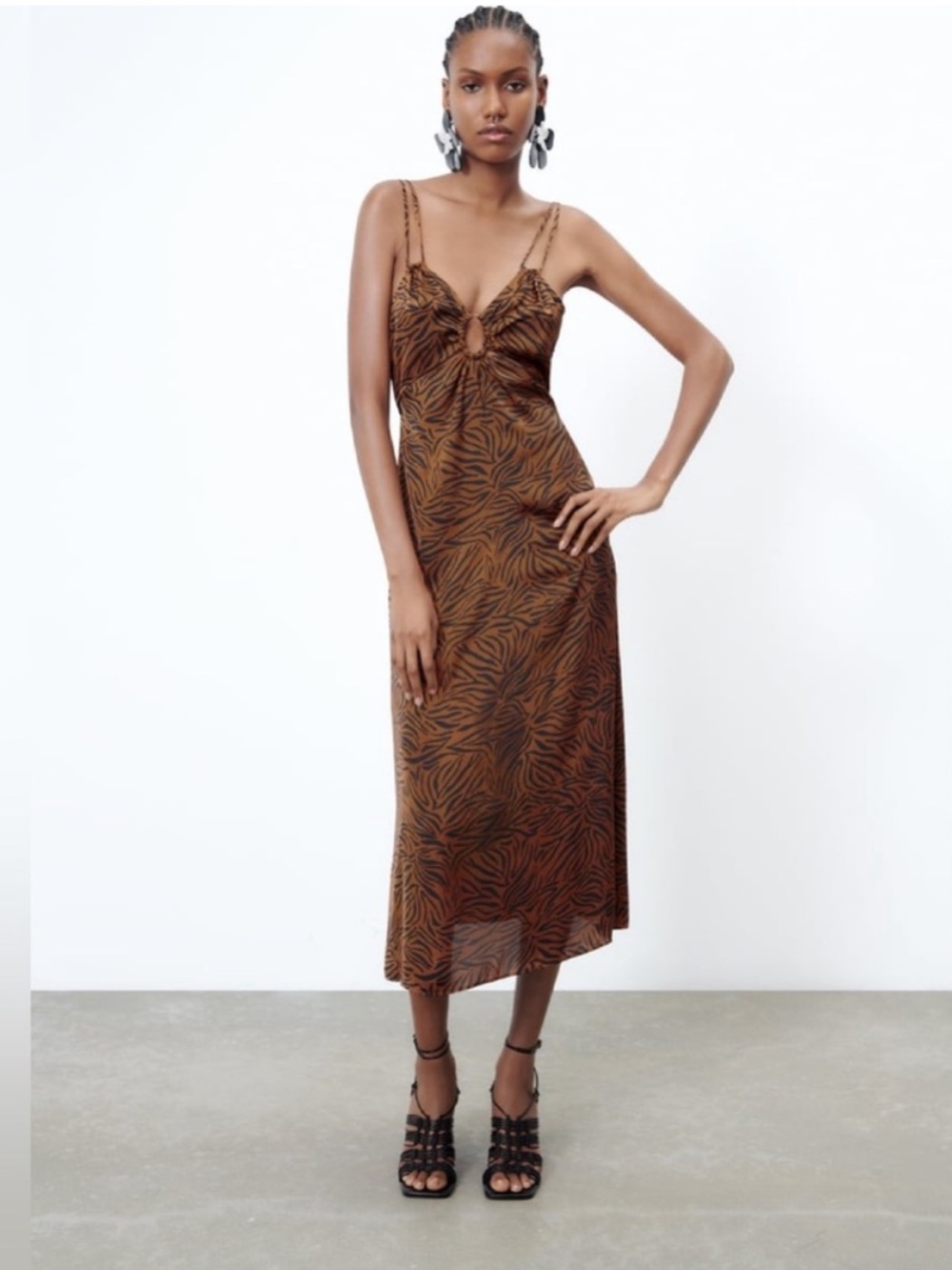 Zara Satin Effect cut out Animal-Print Slip Midi Dress Med